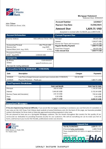 USA Teksas First Citizens Bank wyciąg z kredytu hipotecznego w formatach Word i PDF